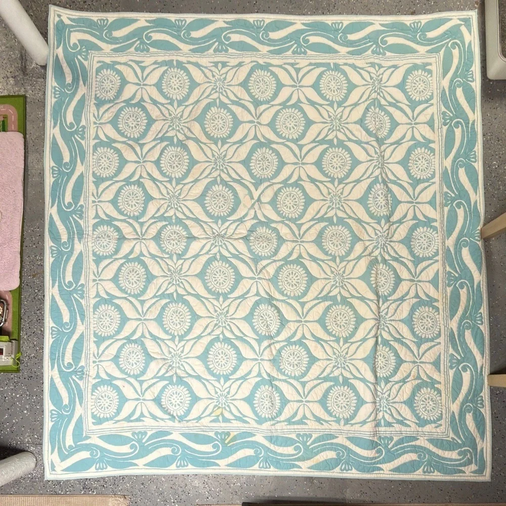 Pottery Barn Turquoise Block Print Quilt Bedspread Double Sided